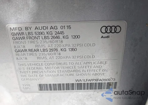 2015 Audi Q5 2.0T Premium from USA, damaged, VIN WA1LFAFPXFA090373
